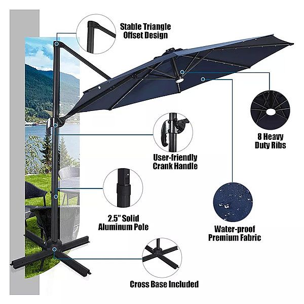 Solar-LED-Freischwinger-Terrassenschirm mit 360-Grad-Drehung - 11U01K