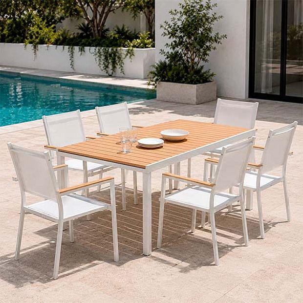 Ausziehbarer Aluminium-Esstisch für die Terrasse im Großhandel mit Holzoptik-Lattenplatte - 11D08F