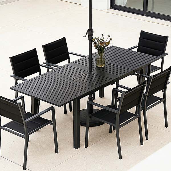 Ausziehbarer Terrassentisch aus Aluminium mit Klappplatten und Sonnenschirmloch für den Garten - 11D26B