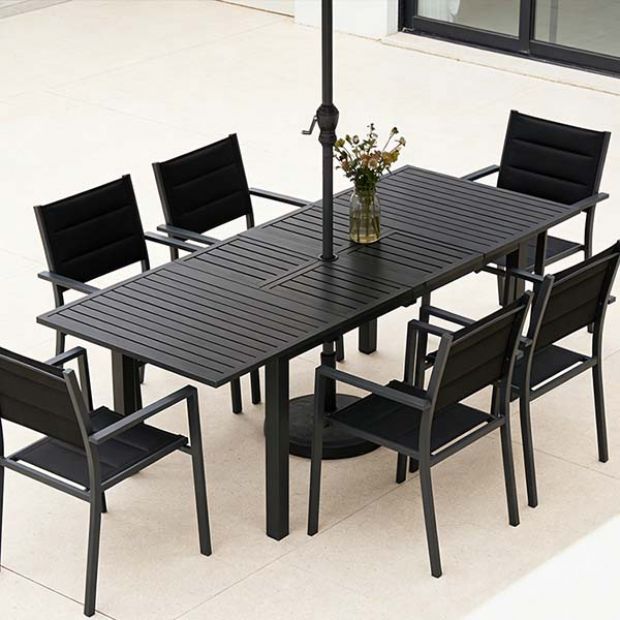 Ausziehbarer Terrassentisch aus Aluminium mit Klappplatten und Sonnenschirmloch für den Garten - 11D26B