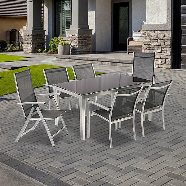 6-Personen-Esstischset für den Außenbereich mit Glasplatte - 11D01G
