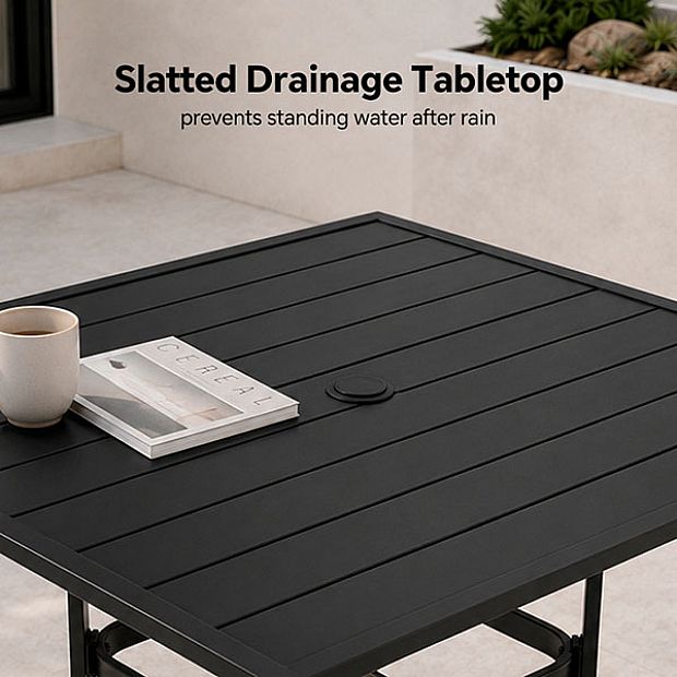 HF Patios Quadratischer Outdoor-Esstisch aus Eisen mit Sonnenschirmöffnung und Lamellen-Tischplatte | Großhandel - 11C12N