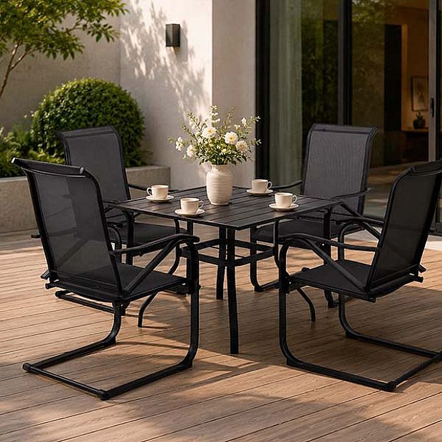 HF Patios Quadratischer Outdoor-Esstisch aus Eisen mit Sonnenschirmöffnung und Lamellen-Tischplatte | Großhandel - 11C12N