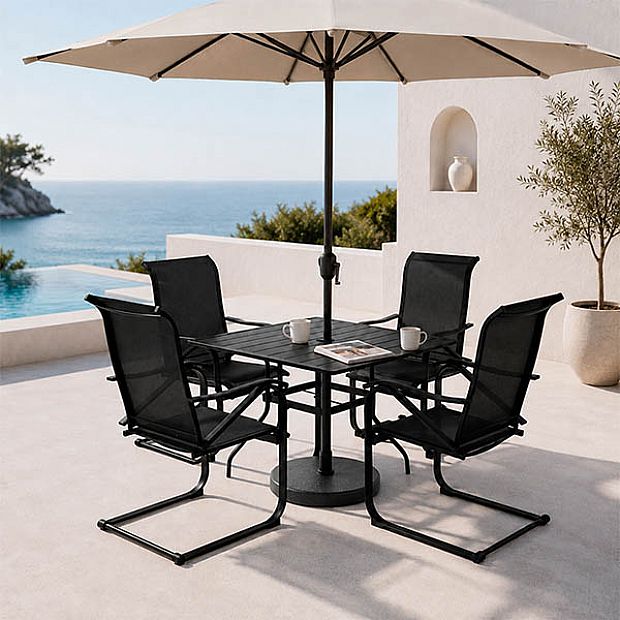 HF Patios Quadratischer Outdoor-Esstisch aus Eisen mit Sonnenschirmöffnung und Lamellen-Tischplatte | Großhandel - 11C12N