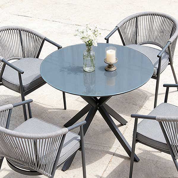 Runder Terrassentisch für den Außenbereich mit einer Tischplatte aus 5 mm starkem, mattiertem Glas mit Aufdruck - 11D26F