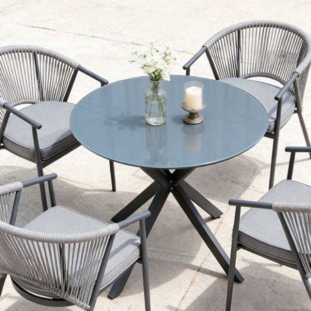 Runder Terrassentisch für den Außenbereich mit einer Tischplatte aus 5 mm starkem, mattiertem Glas mit Aufdruck - 11D26F