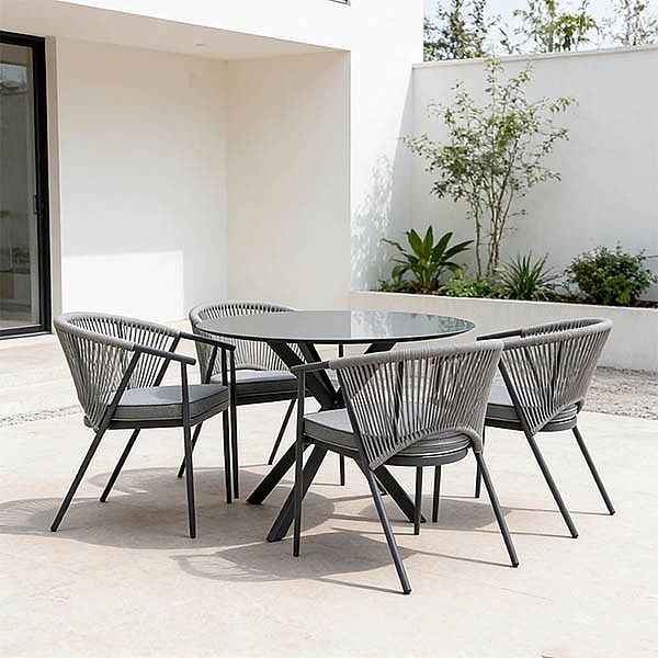 Runder Terrassentisch für den Außenbereich mit einer Tischplatte aus 5 mm starkem, mattiertem Glas mit Aufdruck - 11D26F