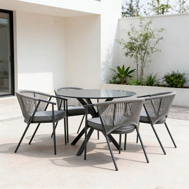 Runder Terrassentisch für den Außenbereich mit einer Tischplatte aus 5 mm starkem, mattiertem Glas mit Aufdruck - 11D26F