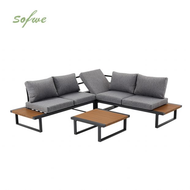 Ecksofa-Set für den Außenbereich mit verstellbarer Rückenlehne und Beistelltischen in Holzoptik - 11C03E