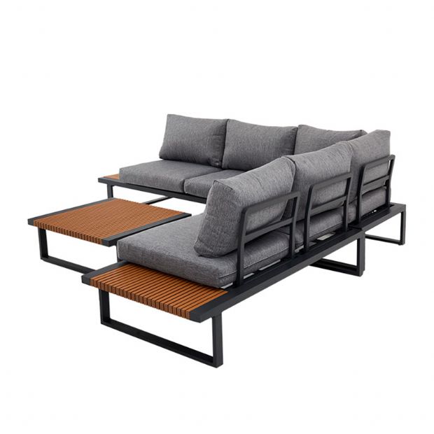 Ecksofa-Set für den Außenbereich mit verstellbarer Rückenlehne und Beistelltischen in Holzoptik - 11C03E