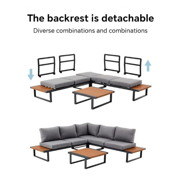 Ecksofa-Set für den Außenbereich mit verstellbarer Rückenlehne und Beistelltischen in Holzoptik - 11C03E