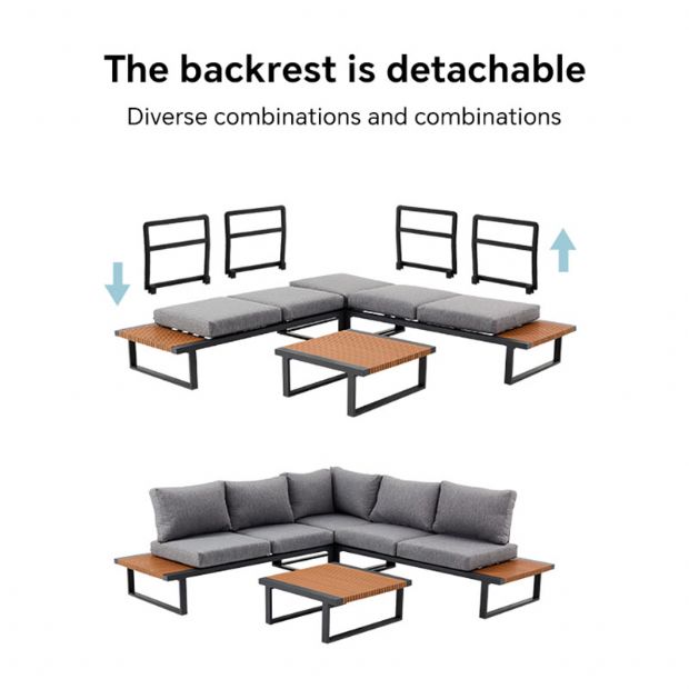 Ecksofa-Set für den Außenbereich mit verstellbarer Rückenlehne und Beistelltischen in Holzoptik - 11C03E