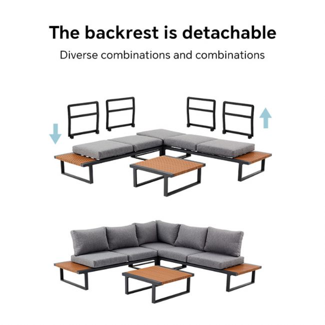 Ecksofa-Set für den Außenbereich mit verstellbarer Rückenlehne und Beistelltischen in Holzoptik - 11C03E