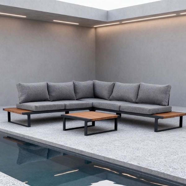 Ecksofa-Set für den Außenbereich mit verstellbarer Rückenlehne und Beistelltischen in Holzoptik - 11C03E