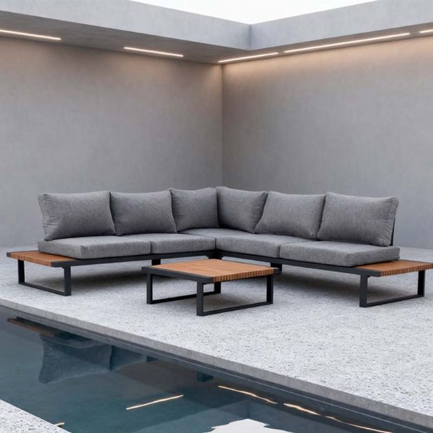 Ecksofa-Set für den Außenbereich mit verstellbarer Rückenlehne und Beistelltischen in Holzoptik - 11C03E