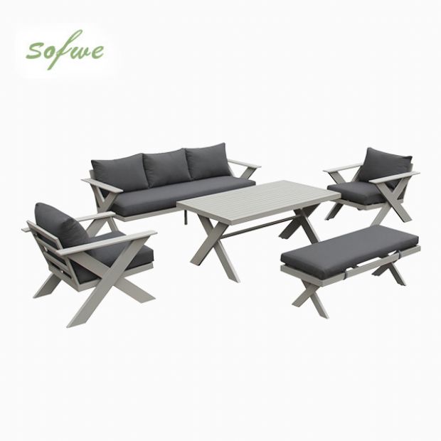 Großhandel Moderne Design-Lounge-Sofagarnituren für den Außenbereich mit Tisch mit X-Beinen und Bank - 11C12B