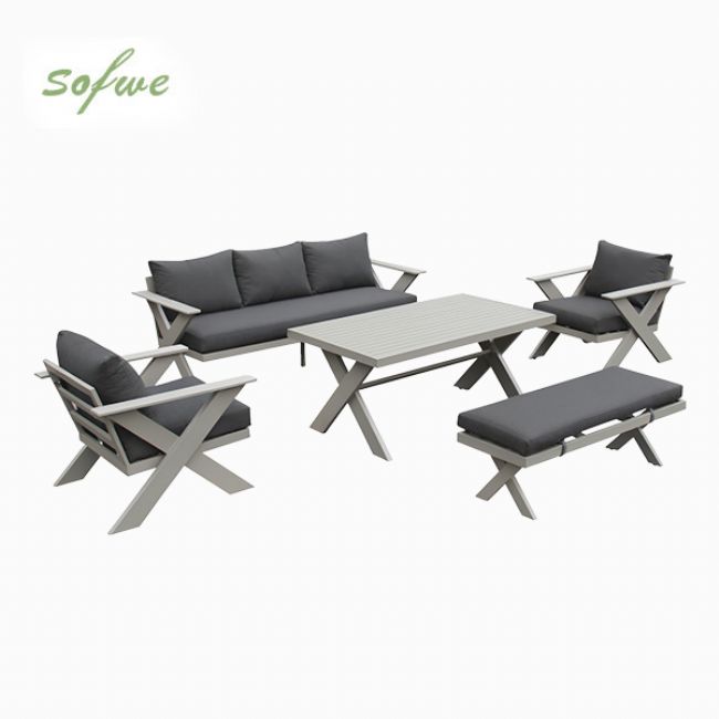 Großhandel Moderne Design-Lounge-Sofagarnituren für den Außenbereich mit Tisch mit X-Beinen und Bank - 11C12B