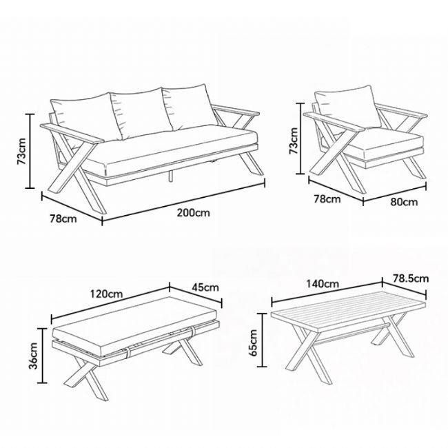 Großhandel Moderne Design-Lounge-Sofagarnituren für den Außenbereich mit Tisch mit X-Beinen und Bank - 11C12B