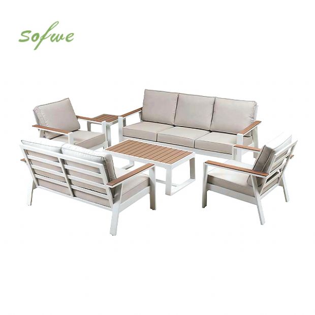 Großhandel 6-teiliges Outdoor-Sofaset aus pulverbeschichtetem Aluminium mit WPC-Lamellentisch - 11C12C