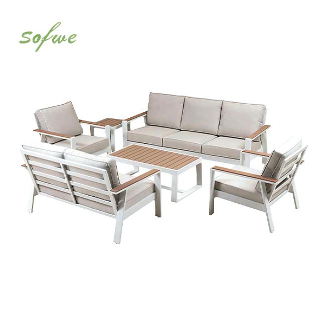 Großhandel 6-teiliges Outdoor-Sofaset aus pulverbeschichtetem Aluminium mit WPC-Lamellentisch - 11C12C