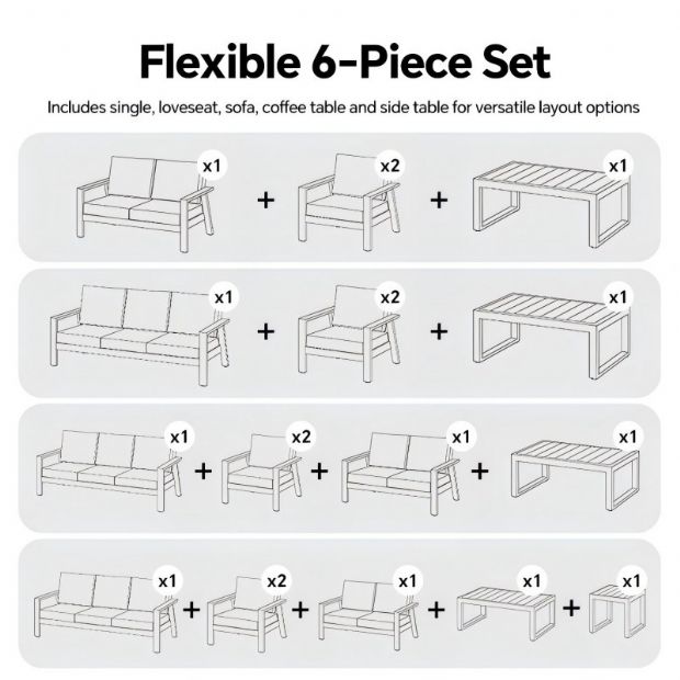 Großhandel 6-teiliges Outdoor-Sofaset aus pulverbeschichtetem Aluminium mit WPC-Lamellentisch - 11C12C