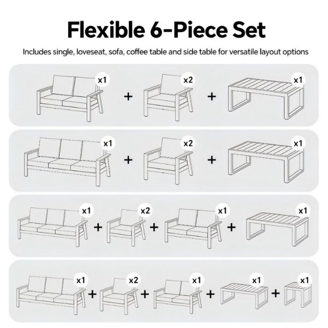 Großhandel 6-teiliges Outdoor-Sofaset aus pulverbeschichtetem Aluminium mit WPC-Lamellentisch - 11C12C