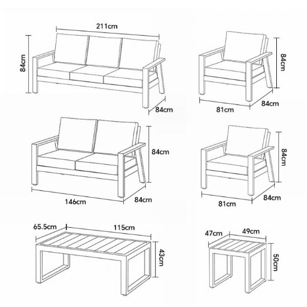 Großhandel 6-teiliges Outdoor-Sofaset aus pulverbeschichtetem Aluminium mit WPC-Lamellentisch - 11C12C