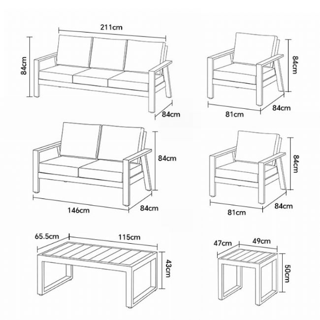 Großhandel 6-teiliges Outdoor-Sofaset aus pulverbeschichtetem Aluminium mit WPC-Lamellentisch - 11C12C