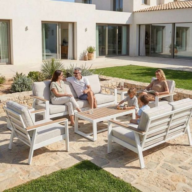 Großhandel 6-teiliges Outdoor-Sofaset aus pulverbeschichtetem Aluminium mit WPC-Lamellentisch - 11C12C