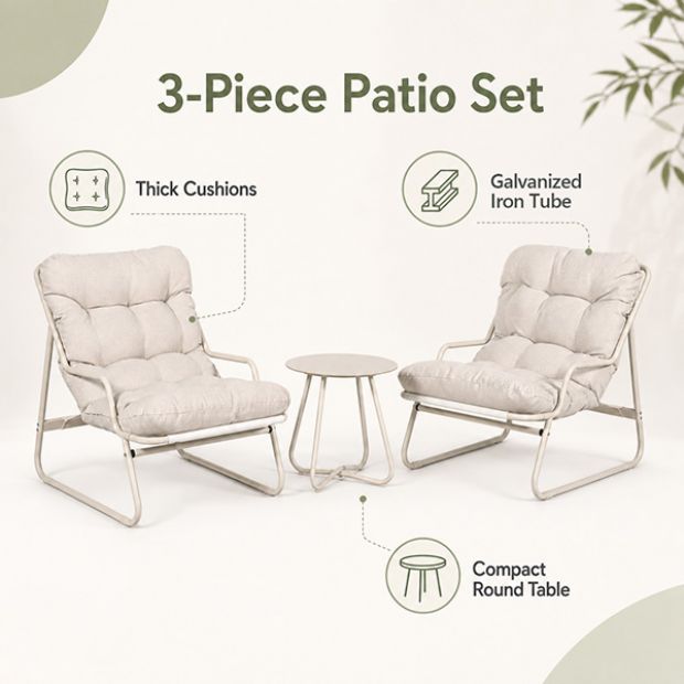 3-teiliges Terrassen-Lounge-Set im Großhandel mit dicken Kissen und rundem Glastisch für Balkon, Garten und den Außenbereich - 11C12J