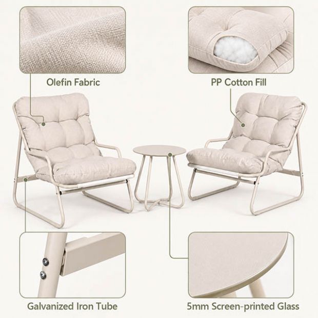 3-teiliges Terrassen-Lounge-Set im Großhandel mit dicken Kissen und rundem Glastisch für Balkon, Garten und den Außenbereich - 11C12J