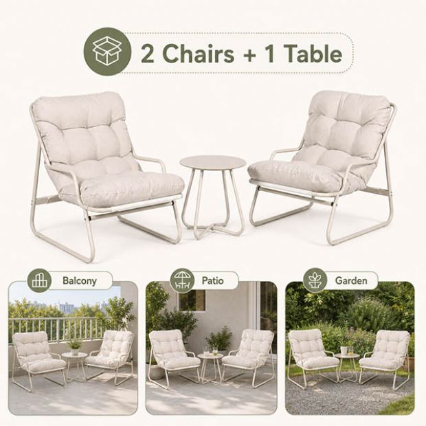 3-teiliges Terrassen-Lounge-Set im Großhandel mit dicken Kissen und rundem Glastisch für Balkon, Garten und den Außenbereich - 11C12J