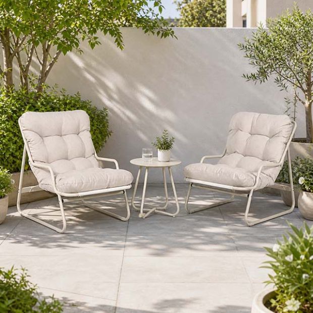 3-teiliges Terrassen-Lounge-Set im Großhandel mit dicken Kissen und rundem Glastisch für Balkon, Garten und den Außenbereich - 11C12J
