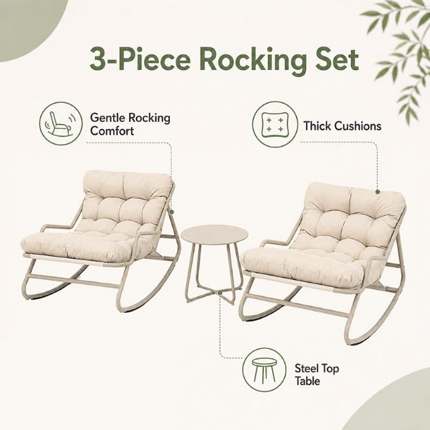 Großhandel: 3-teiliges Outdoor-Schaukel-Terrassenset mit dicken Olefin-Kissen und Tisch mit Stahlplatte für die Balkon-Gartenmöbelausstattung - 11C12L