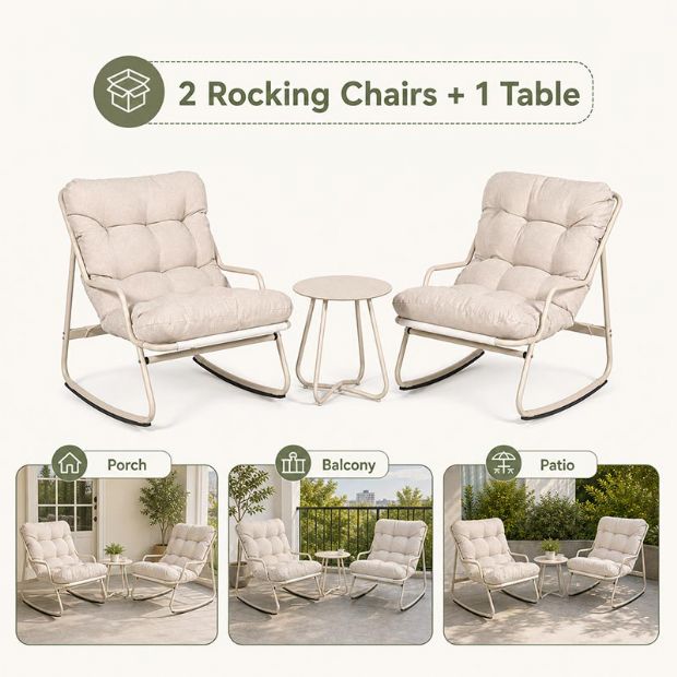 Großhandel: 3-teiliges Outdoor-Schaukel-Terrassenset mit dicken Olefin-Kissen und Tisch mit Stahlplatte für die Balkon-Gartenmöbelausstattung - 11C12L