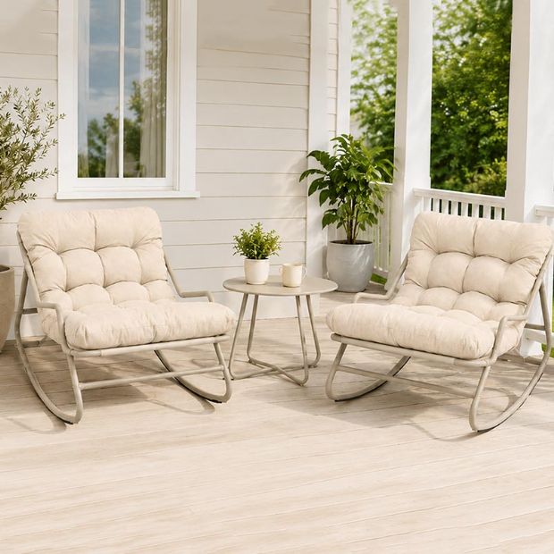 Großhandel: 3-teiliges Outdoor-Schaukel-Terrassenset mit dicken Olefin-Kissen und Tisch mit Stahlplatte für die Balkon-Gartenmöbelausstattung - 11C12L
