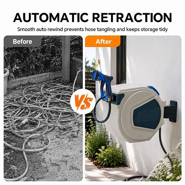 30-m-Automatischer Aufrollbarer Gartenschlauchaufroller im Großhandel mit um 180° Schwenkbarer Wandhalterung - 10Z01G