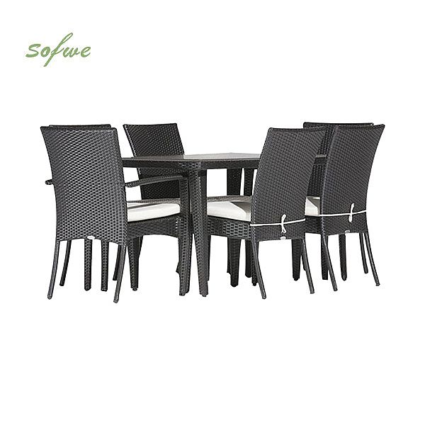 Modernes stilvolles Set aus schwarzem Rattan-Esstisch und Stuhl - 10D01G